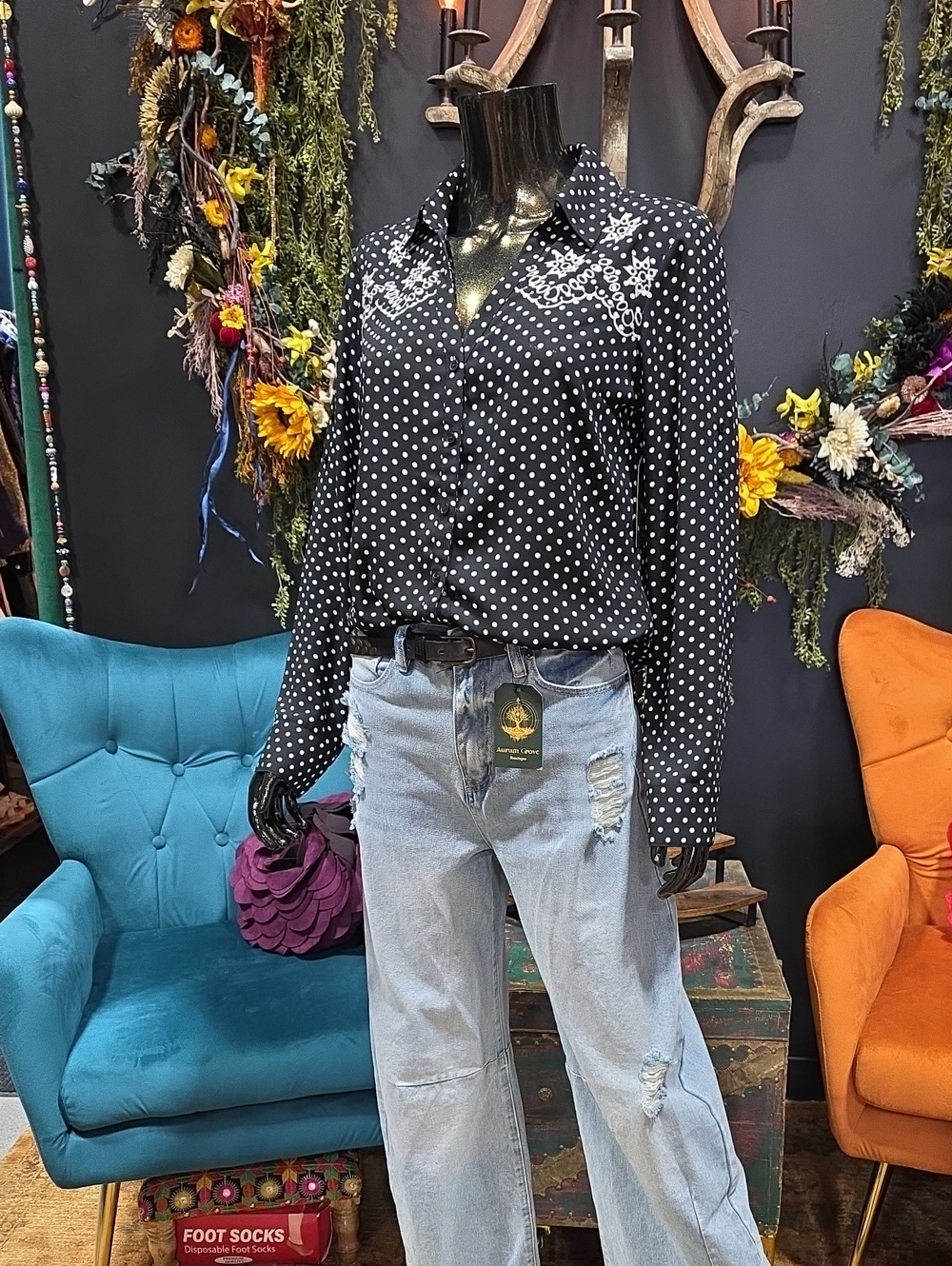 Express Black and White Polka Dot Button-Down Shirt